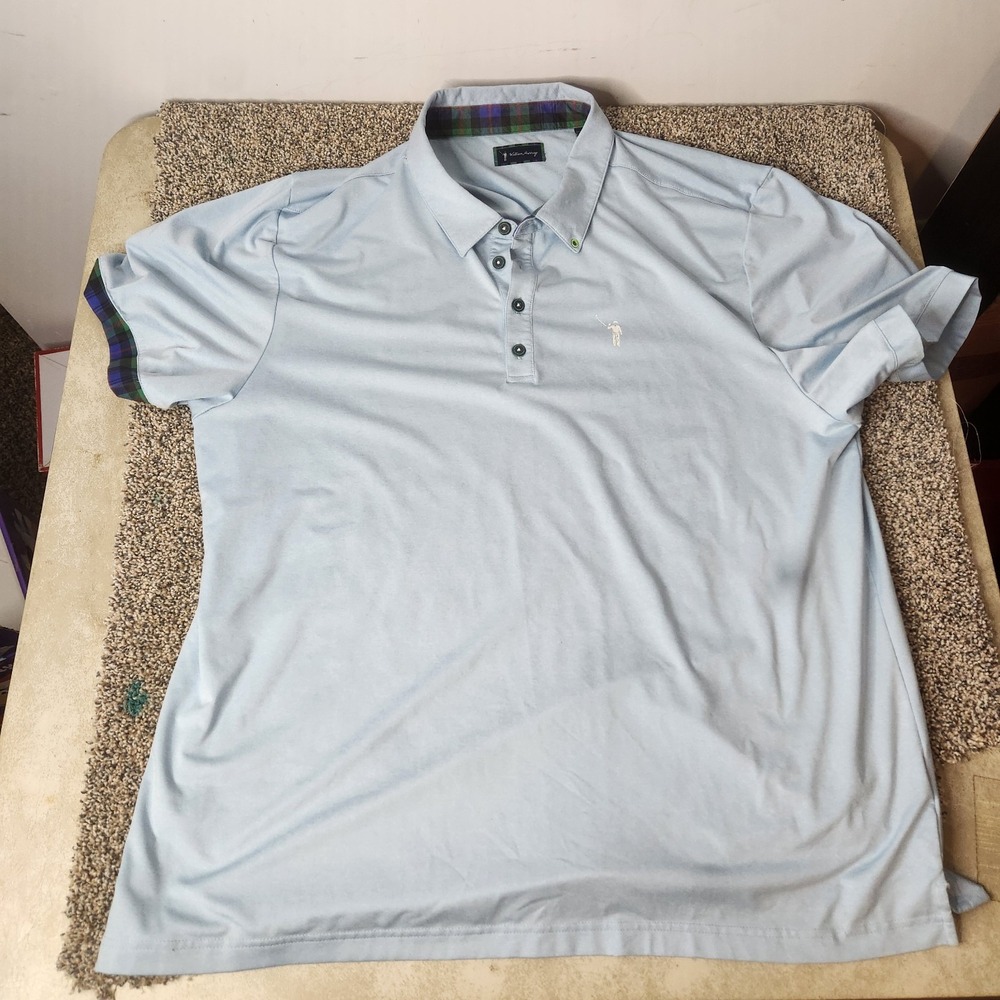 William Murray Mens XXL Golf Polo Shirt Light Blue Plaid Trim Short Sleeve Logo